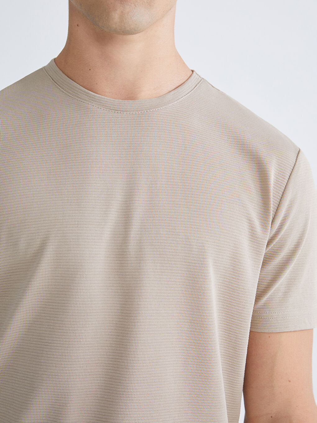 Bej Bisiklet Yaka Penye Erkek Tişört-5