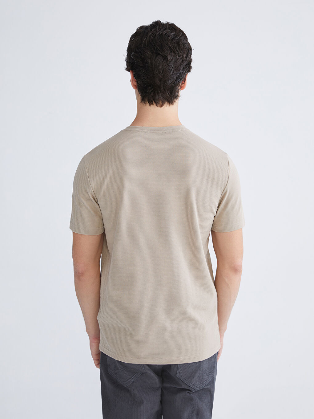 Bej Bisiklet Yaka Penye Erkek Tişört-7