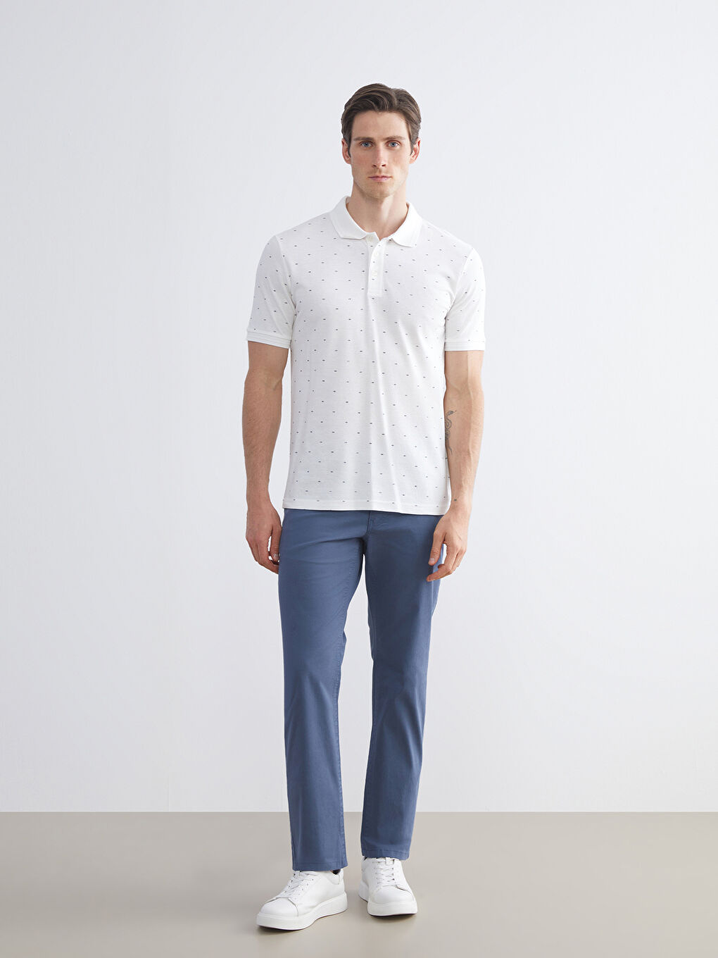 Ekru Büyük Beden Polo Yaka Desenli Pike Erkek Tişört-2