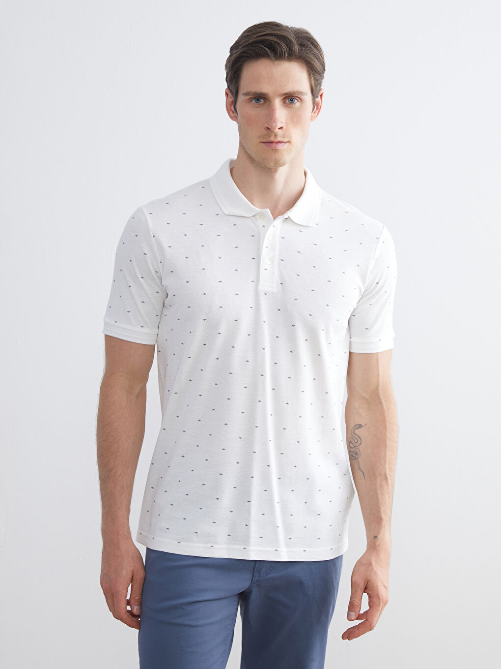 Ekru Büyük Beden Polo Yaka Desenli Pike Erkek Tişört-4