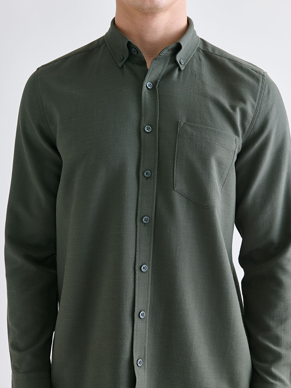 Haki Regular Fit Uzun Kollu Armürlü Erkek Gömlek-2