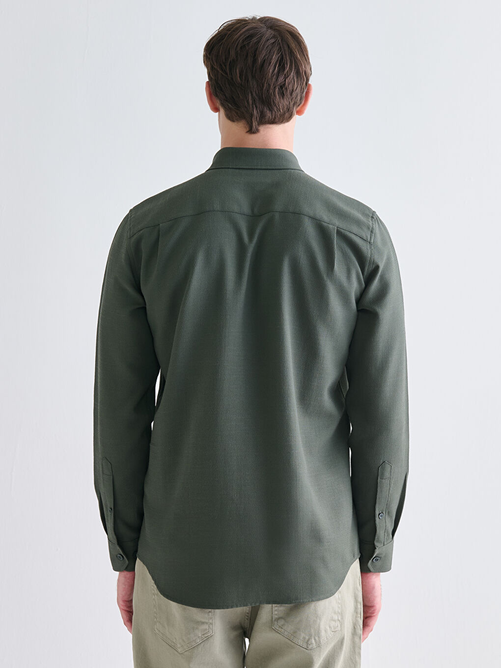 Haki Regular Fit Uzun Kollu Armürlü Erkek Gömlek-3