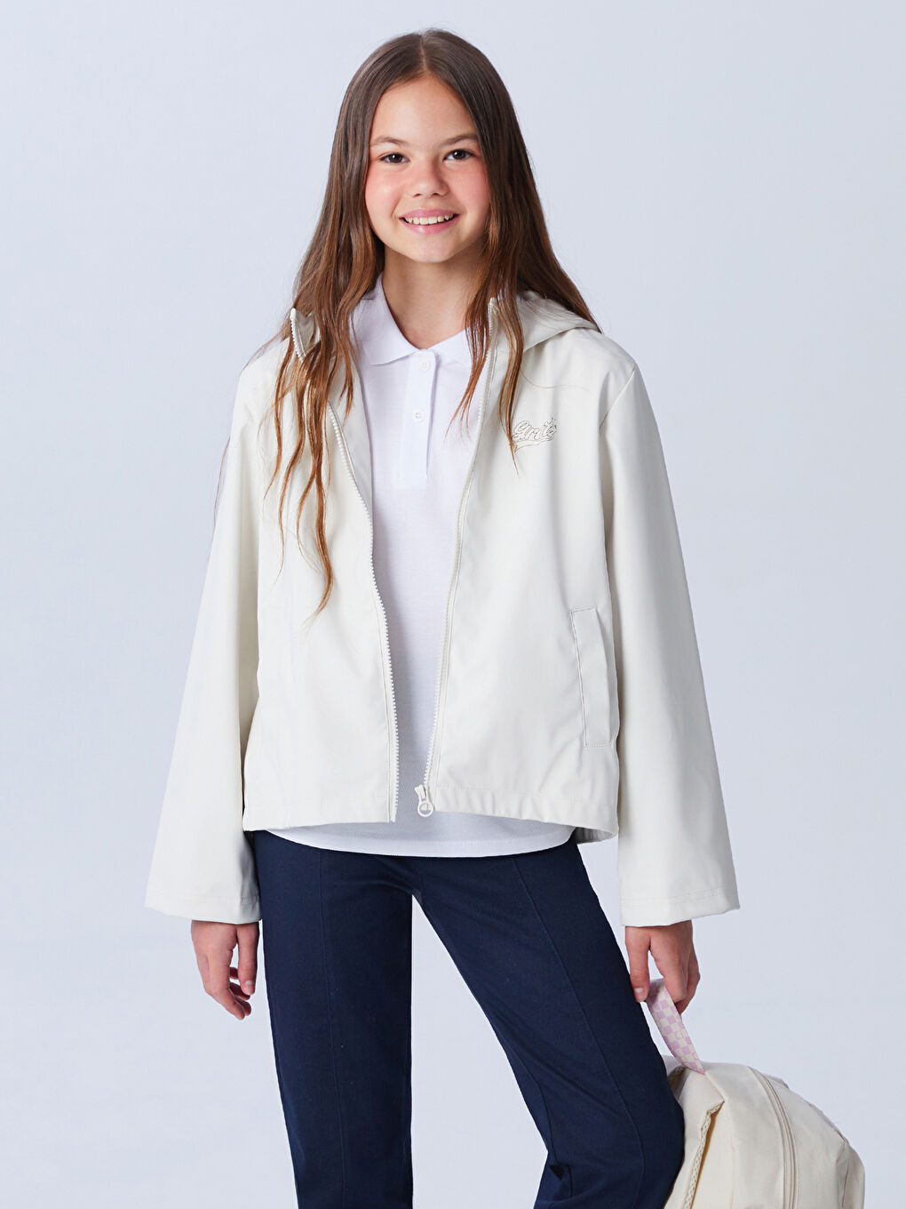 Ekru Kapüşonlu Kız Çocuk Mont