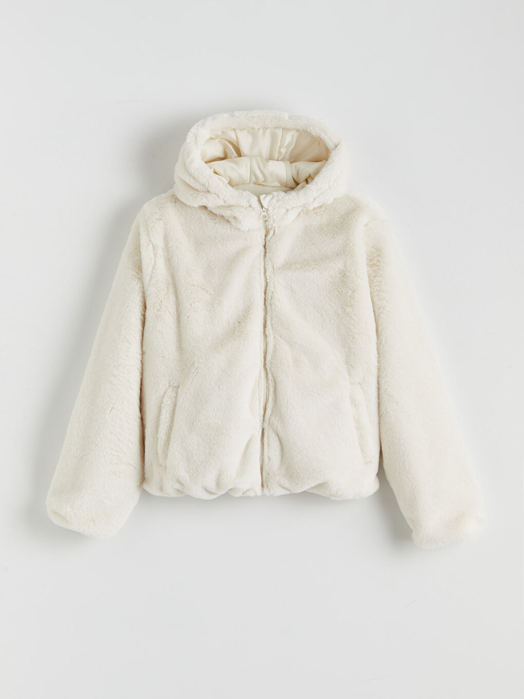 Bej Kapüşonlu Kız Çocuk Suni Kürk Kaban-2