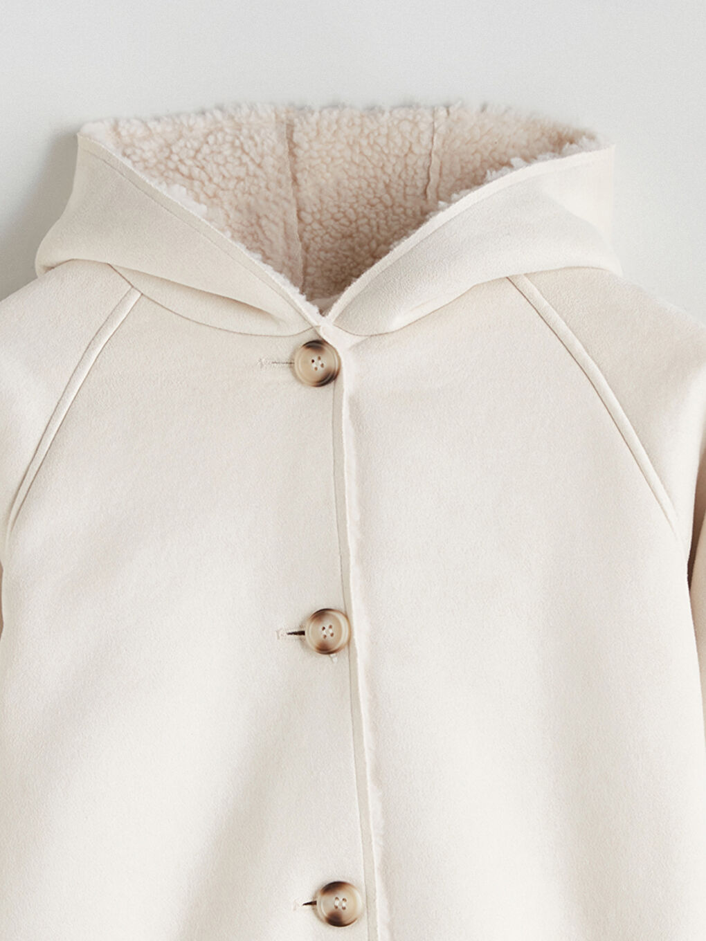 Ekru Kapüşonlu Süet Görünümlü Kız Çocuk Kaban-1