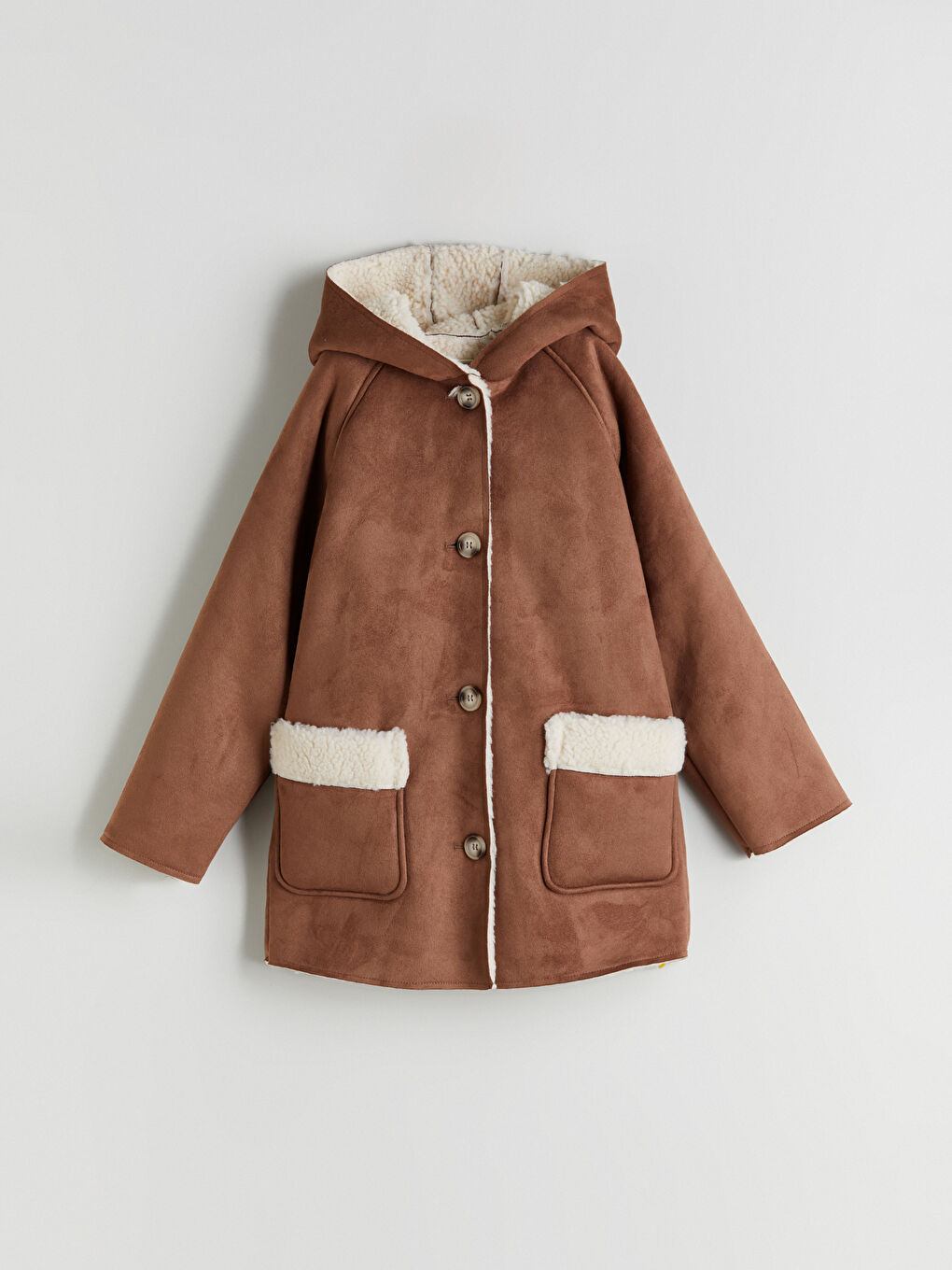 Bej Kapüşonlu Süet Görünümlü Kız Çocuk Kaban-2