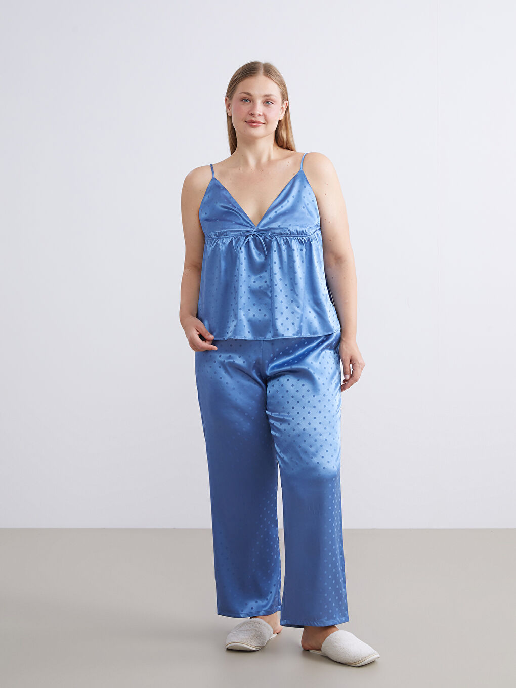 Mavi Beli Lastikli Saten Kadın Pijama Altı-1