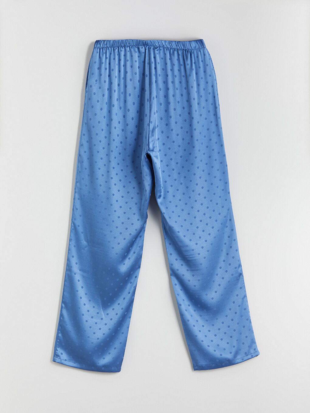 Mavi V Yaka Puantiyeli Kadın Saten Pijama Takımı-10