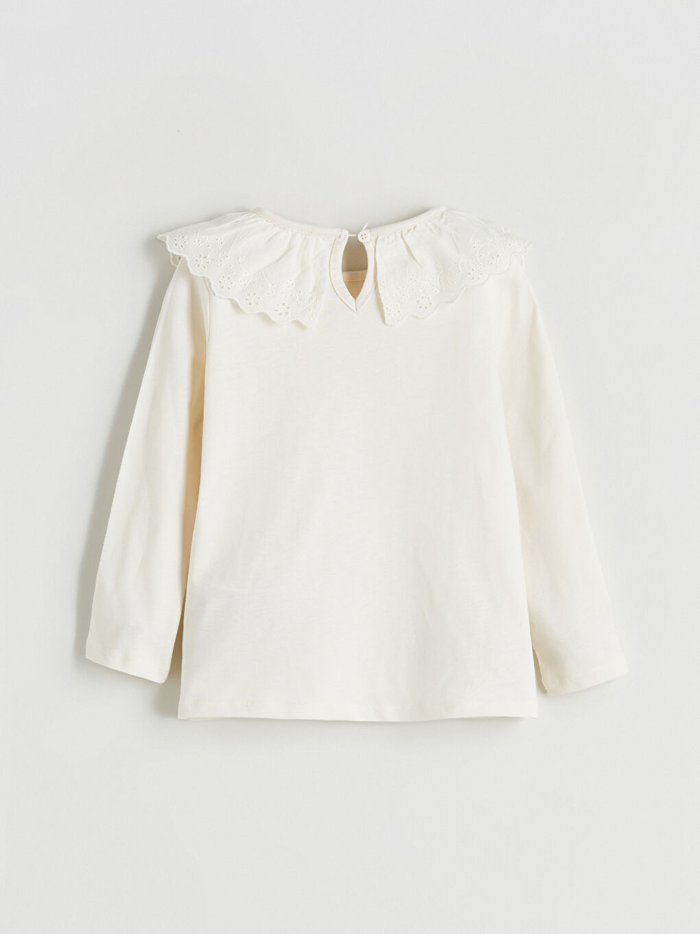 Bej Yaka Detaylı Penye Kız Çocuk Tişört-2