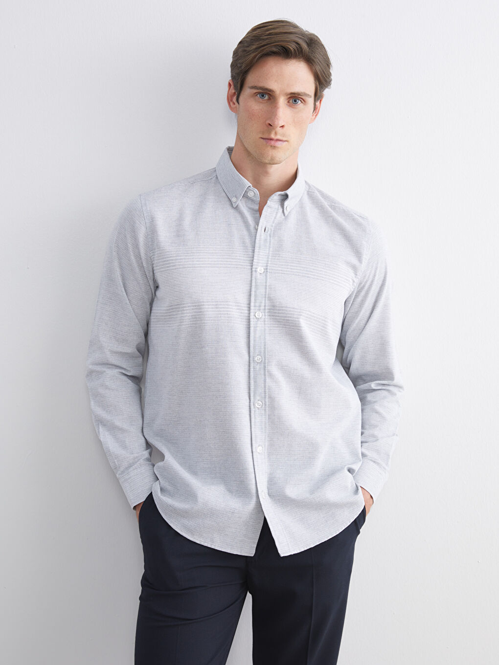 Gri Regular Fit Uzun Kollu Çizgili Erkek Gömlek