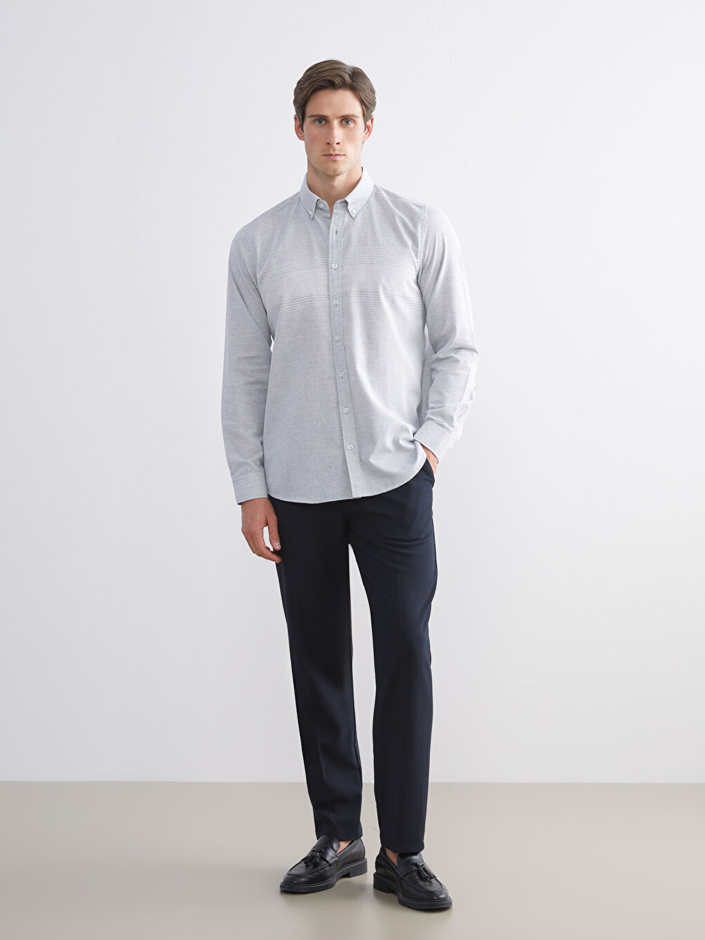 Gri Regular Fit Uzun Kollu Çizgili Erkek Gömlek-1