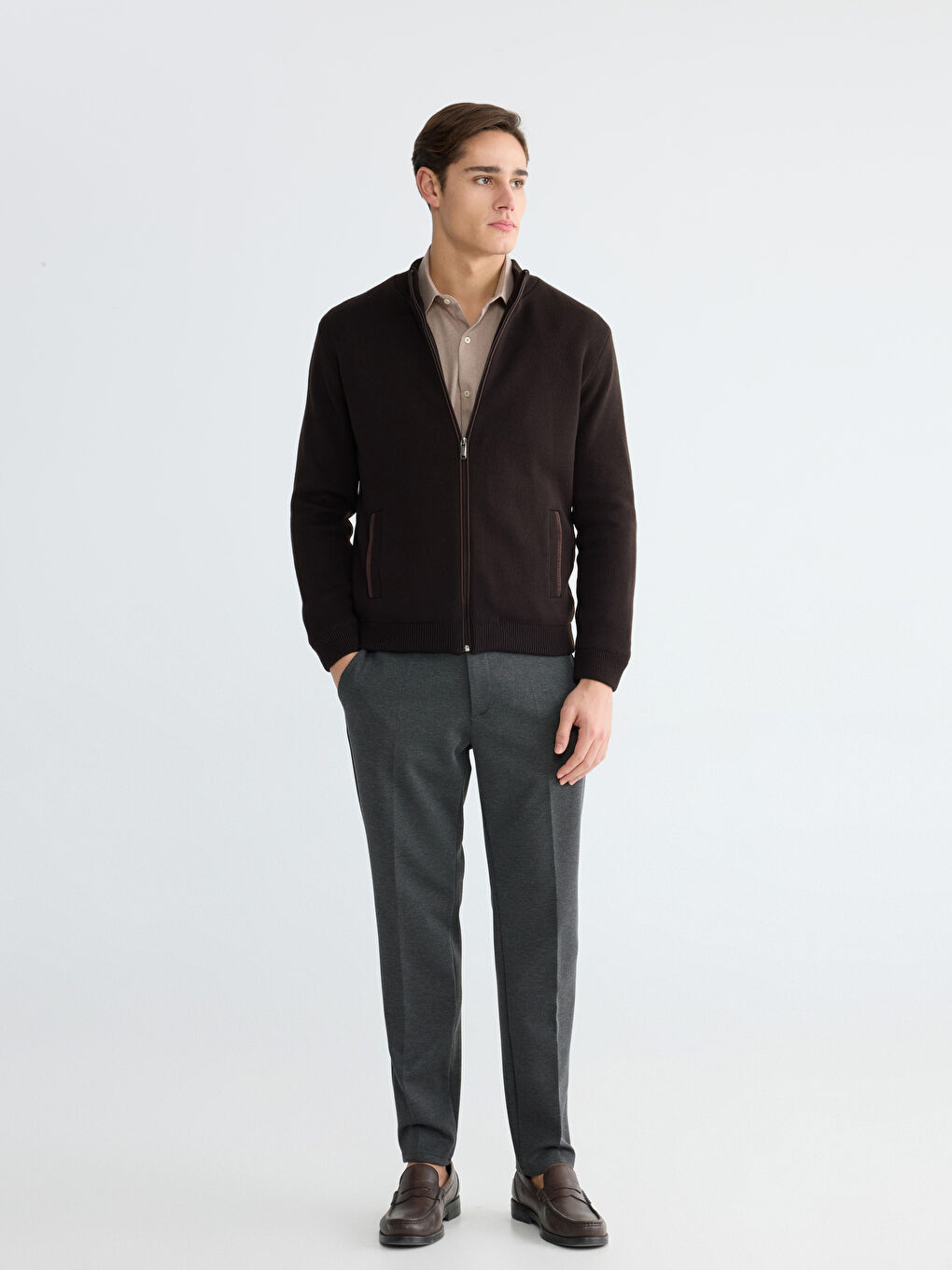 Kahverengi Standart Kalıp Kolej Yaka Erkek Triko Hırka-1