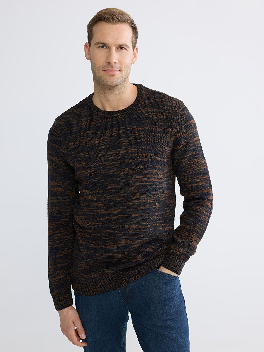 Kahverengi Bisiklet Yaka Desenli Erkek Triko Kazak