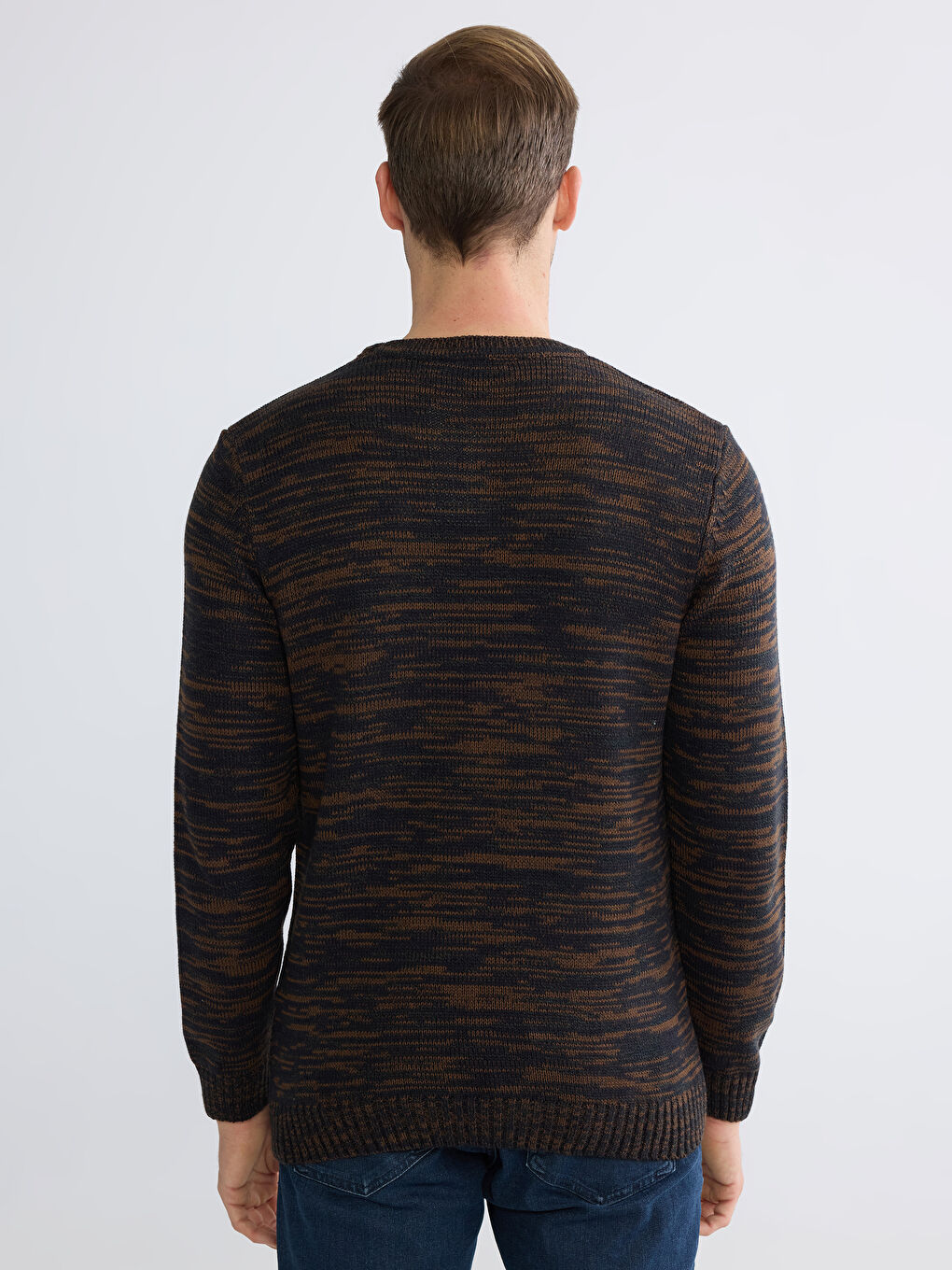 Kahverengi Bisiklet Yaka Desenli Erkek Triko Kazak-3