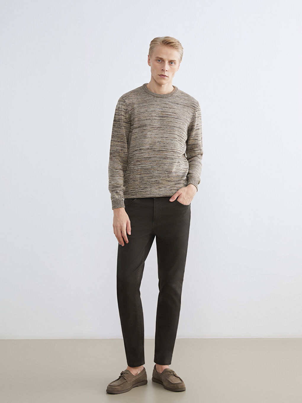 Bej Bisiklet Yaka Desenli Erkek Triko Kazak-1