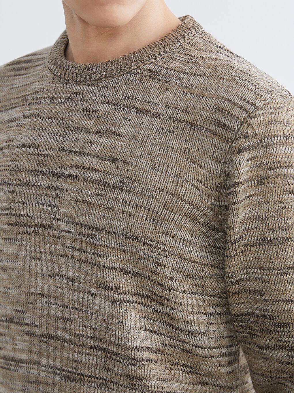 Bej Bisiklet Yaka Desenli Erkek Triko Kazak-2