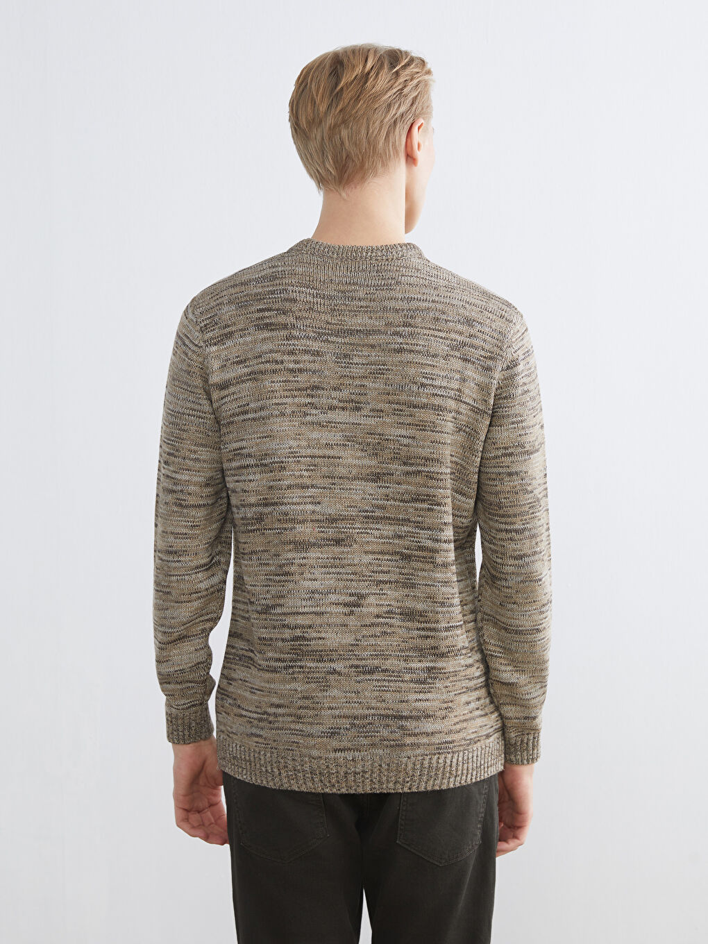 Bej Bisiklet Yaka Desenli Erkek Triko Kazak-3