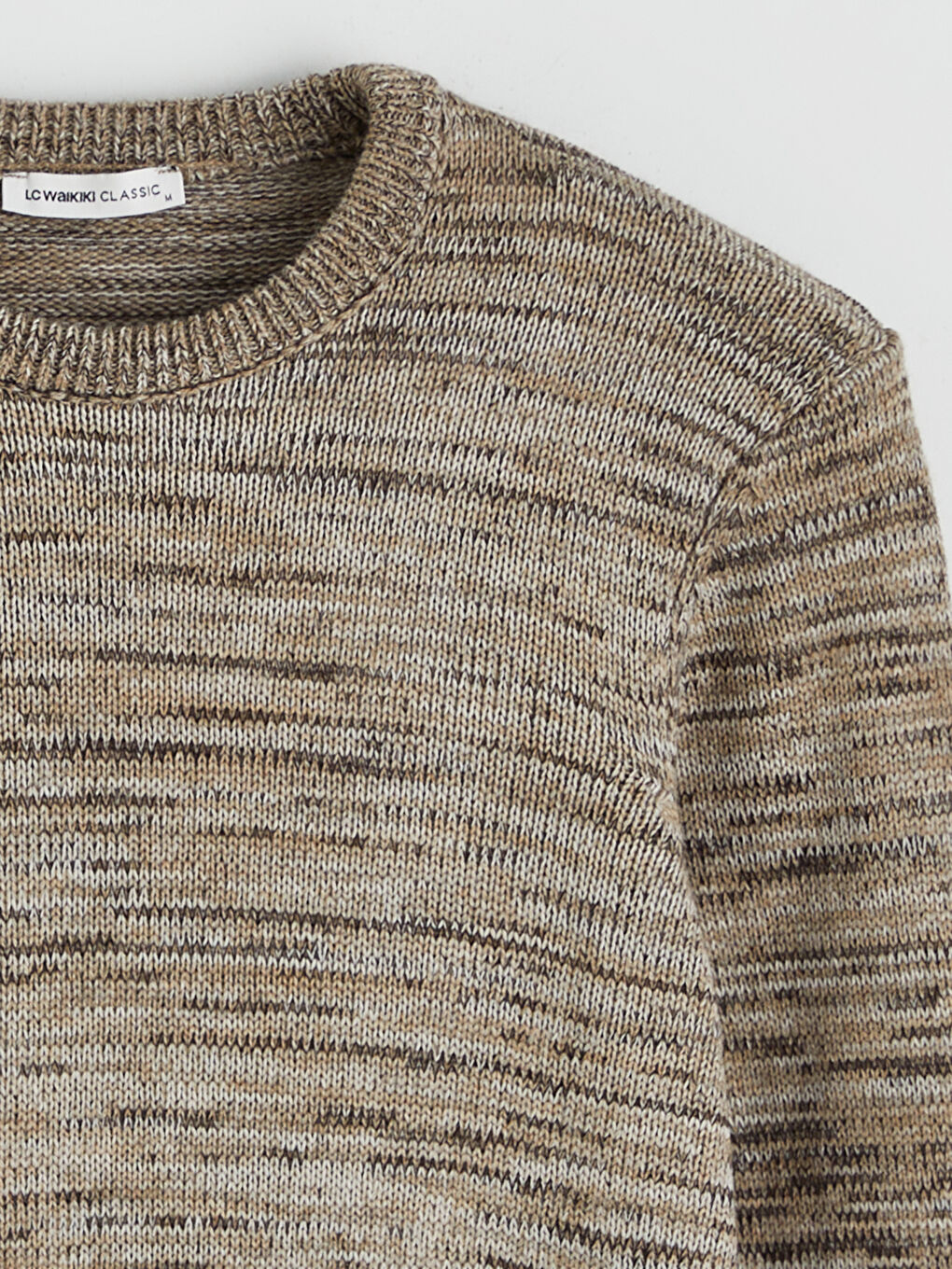 Bej Bisiklet Yaka Desenli Erkek Triko Kazak-5