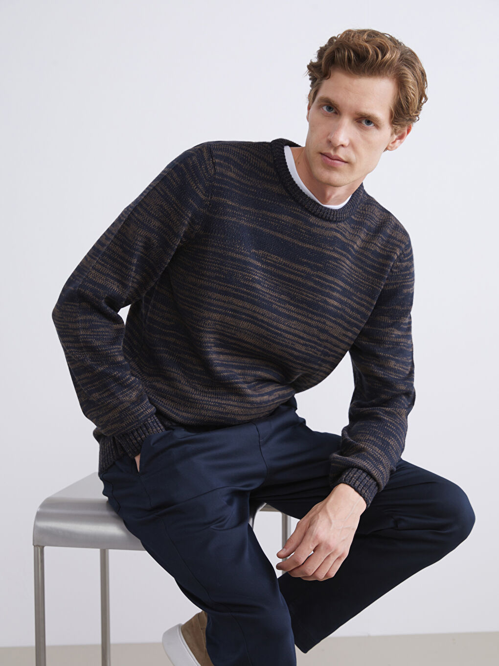 Kahverengi Bisiklet Yaka Desenli Erkek Triko Kazak-1