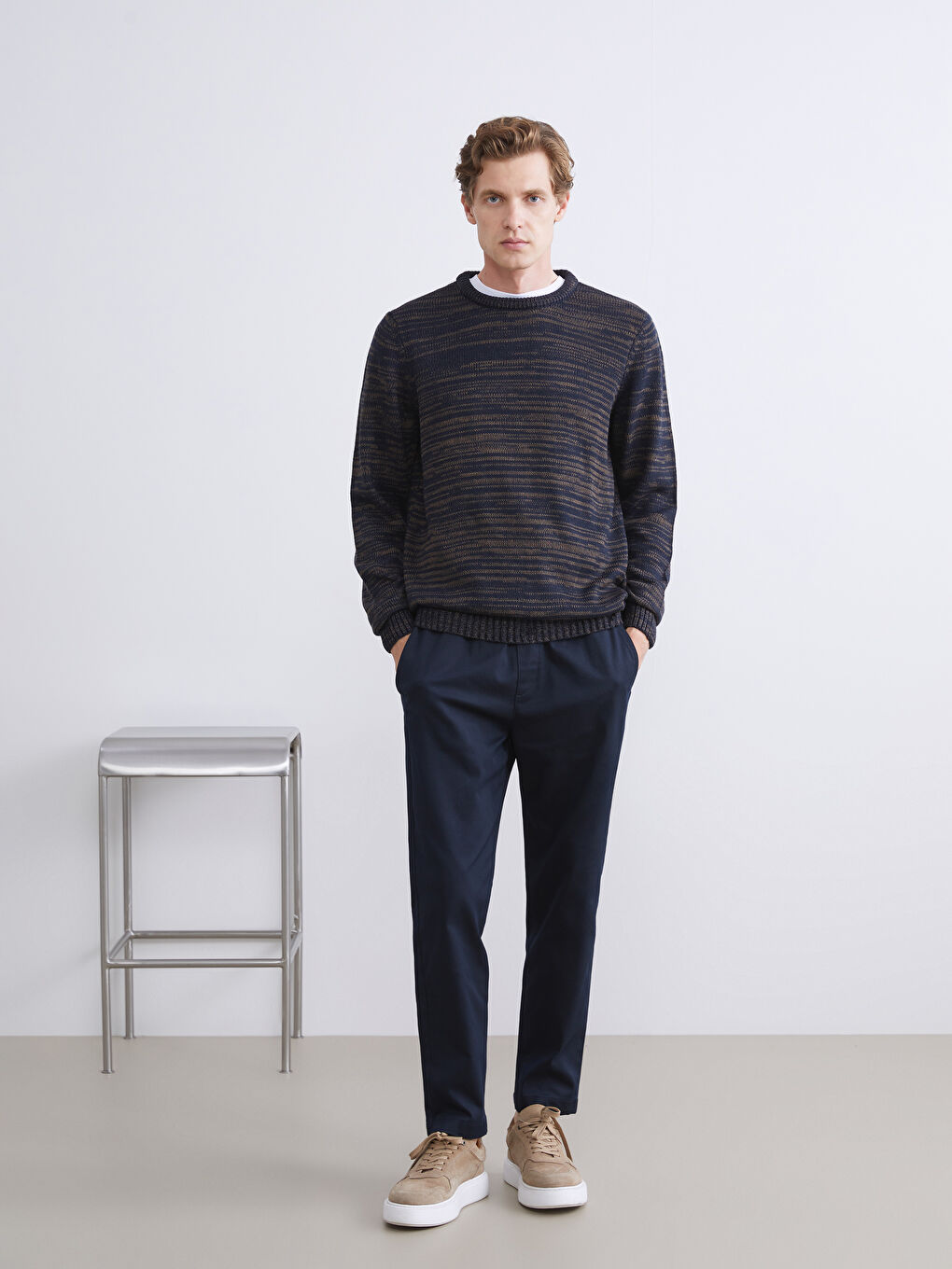 Kahverengi Bisiklet Yaka Desenli Erkek Triko Kazak-2