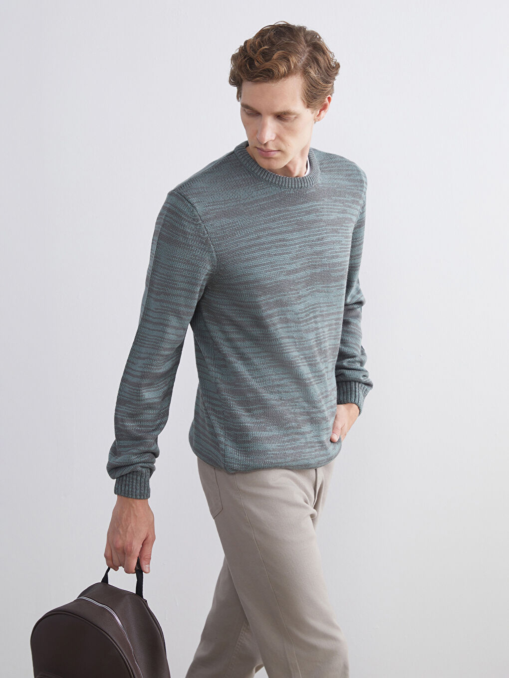 Yeşil Bisiklet Yaka Desenli Erkek Triko Kazak-1