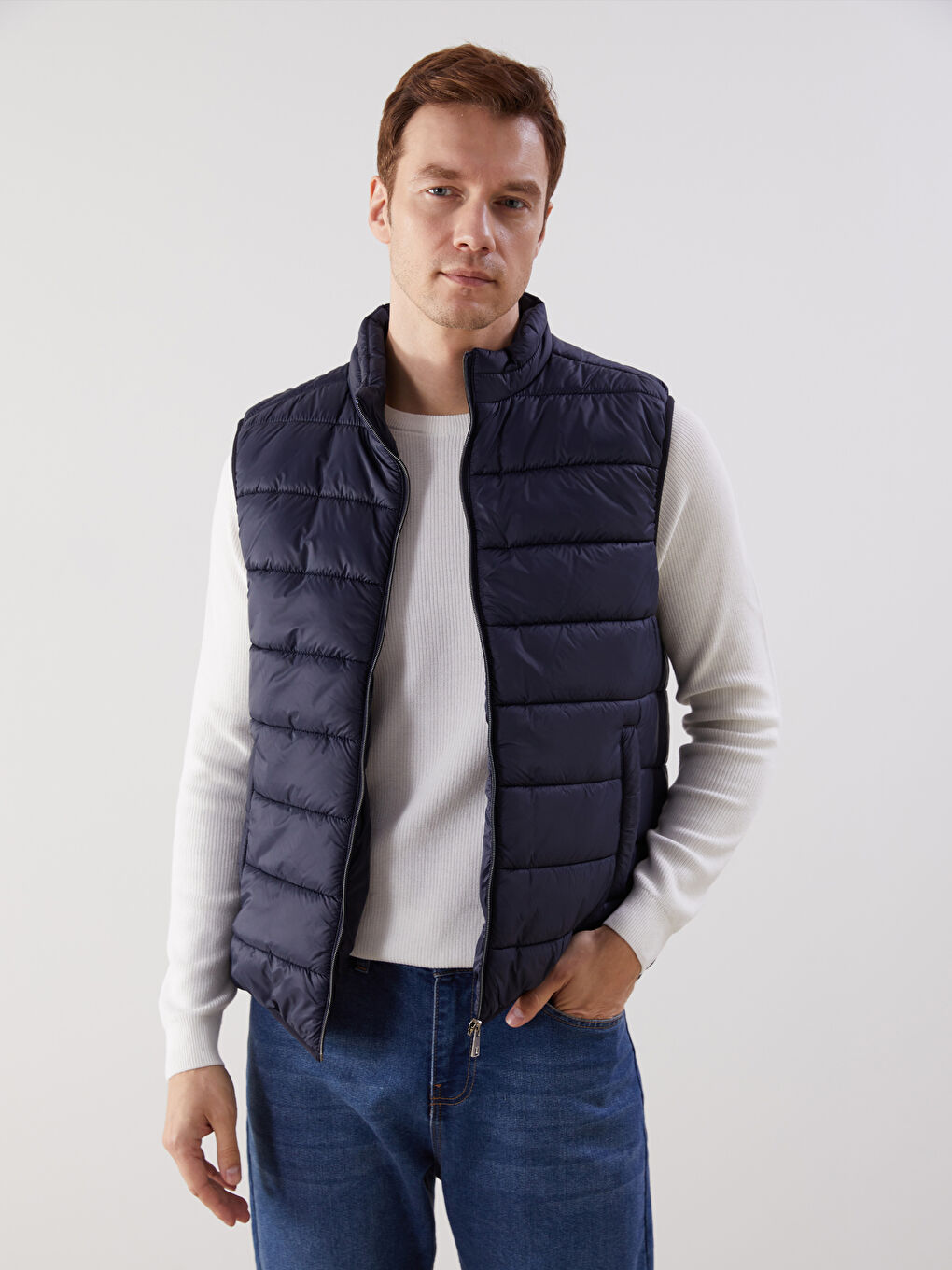 Lacivert Standart Kalıp Dik Yaka Erkek Şişme Yelek