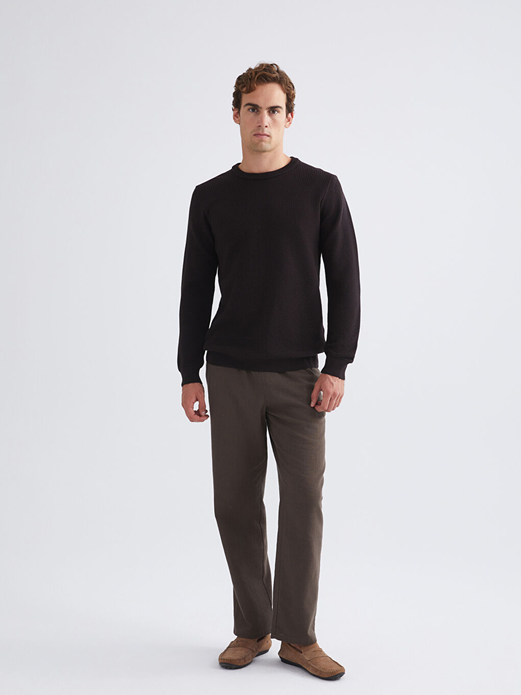 Kahverengi Bisiklet Yaka Kareli Erkek Triko Kazak-1