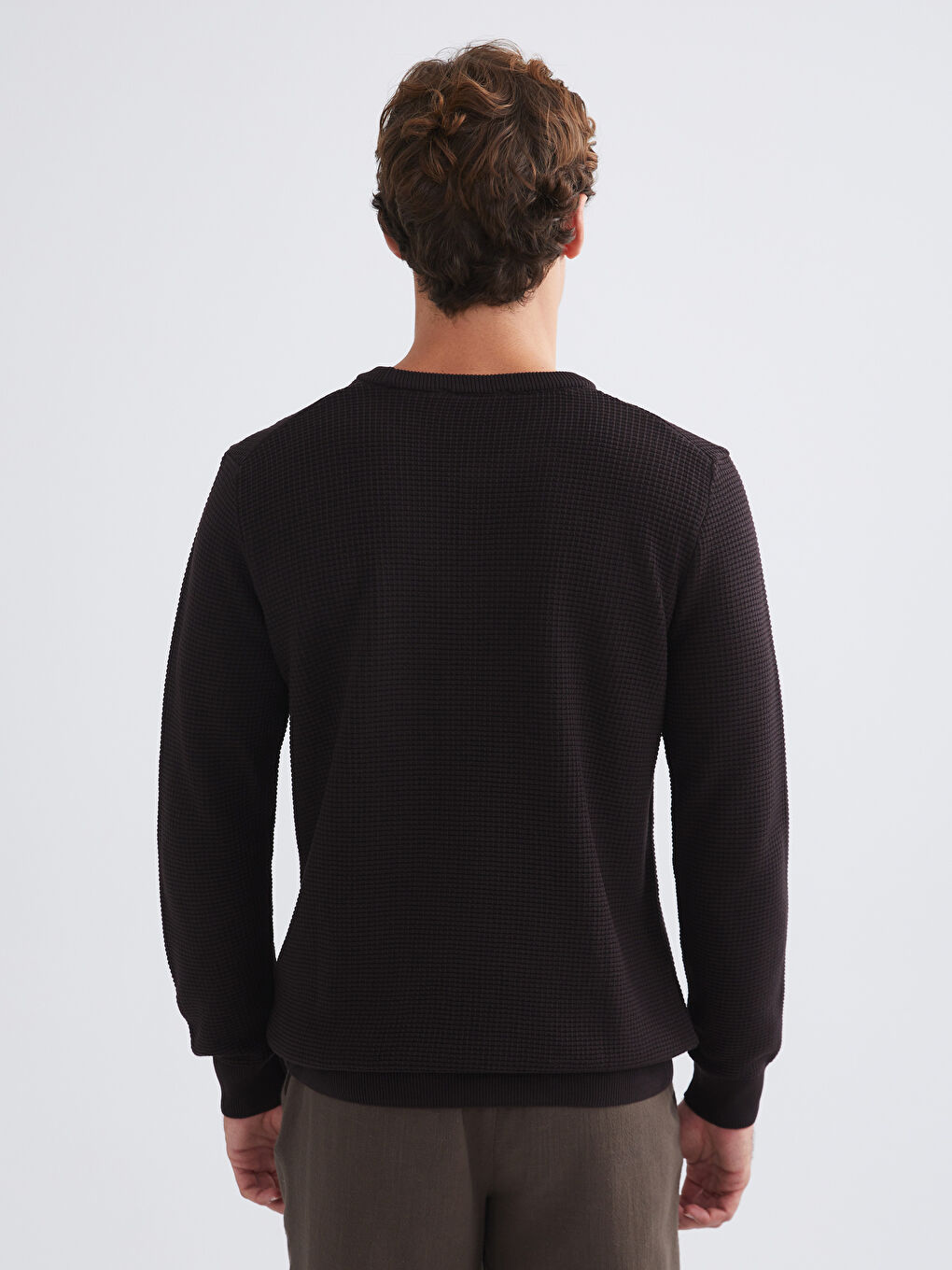 Kahverengi Bisiklet Yaka Kareli Erkek Triko Kazak-3