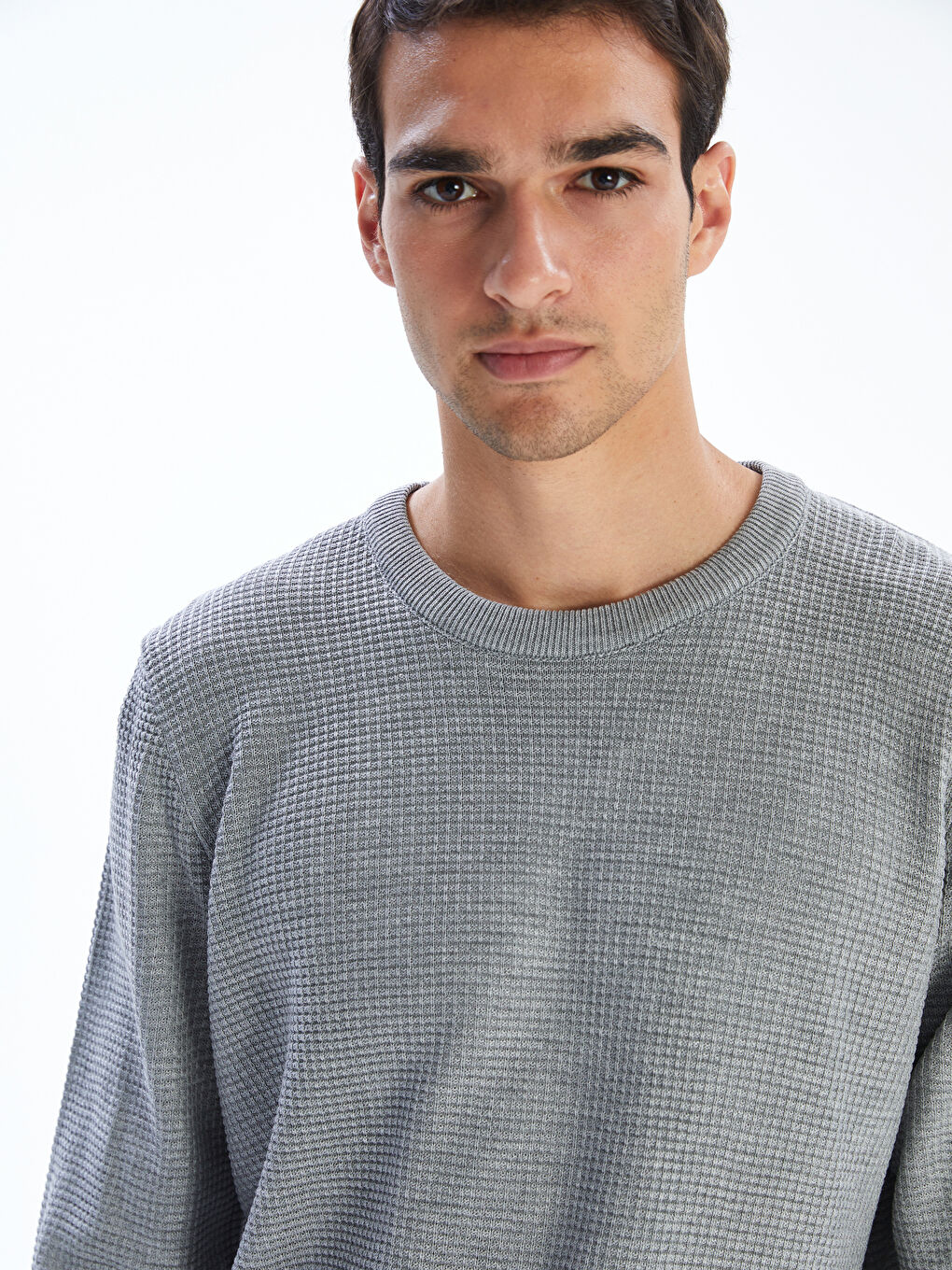 Gri Bisiklet Yaka Kareli Erkek Triko Kazak-2