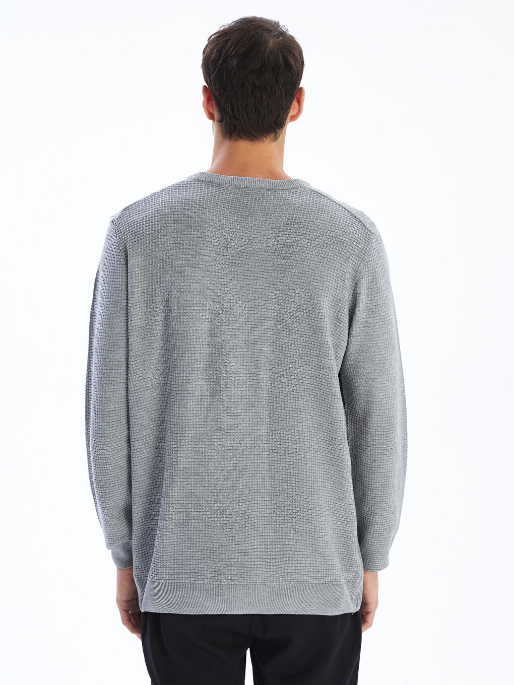 Gri Bisiklet Yaka Kareli Erkek Triko Kazak-3