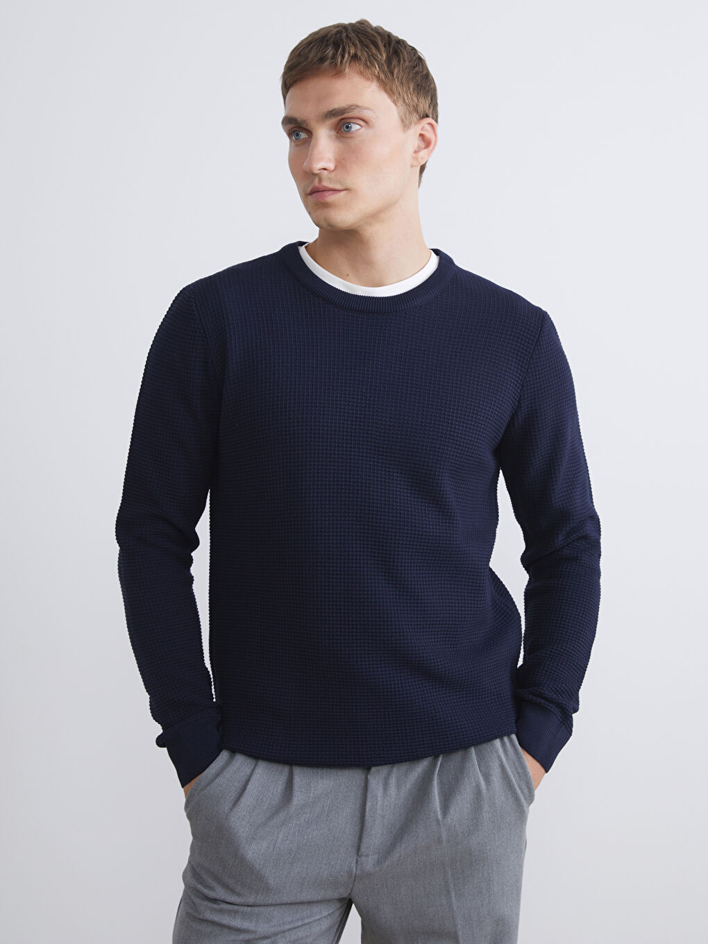 Lacivert Bisiklet Yaka Kareli Erkek Triko Kazak