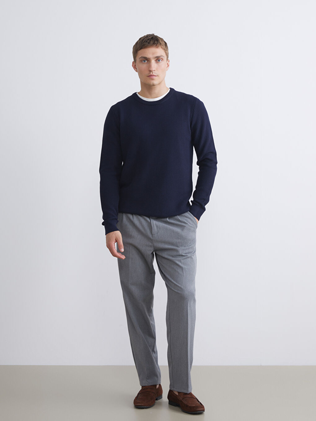 Lacivert Bisiklet Yaka Kareli Erkek Triko Kazak-1