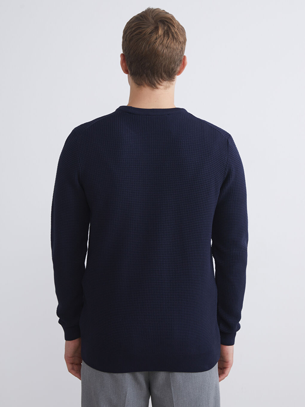 Lacivert Bisiklet Yaka Kareli Erkek Triko Kazak-3