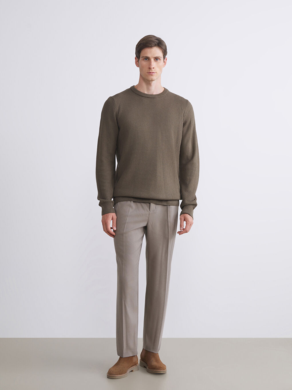 Yeşil Bisiklet Yaka Kareli Erkek Triko Kazak-1