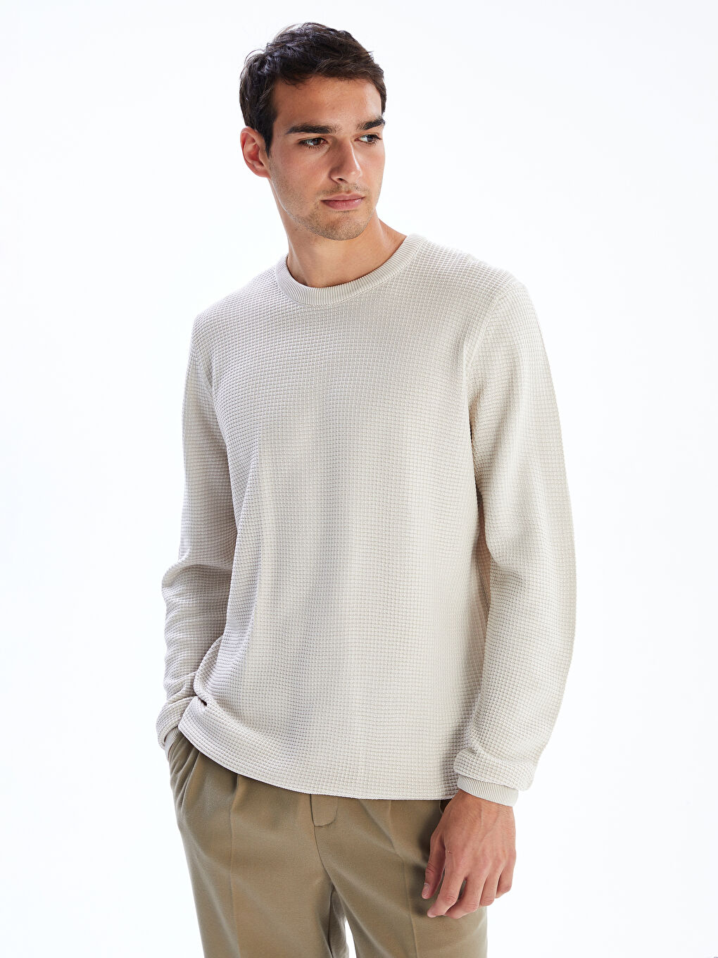 Bej Bisiklet Yaka Kareli Erkek Triko Kazak