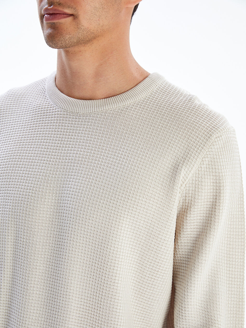 Bej Bisiklet Yaka Kareli Erkek Triko Kazak-2