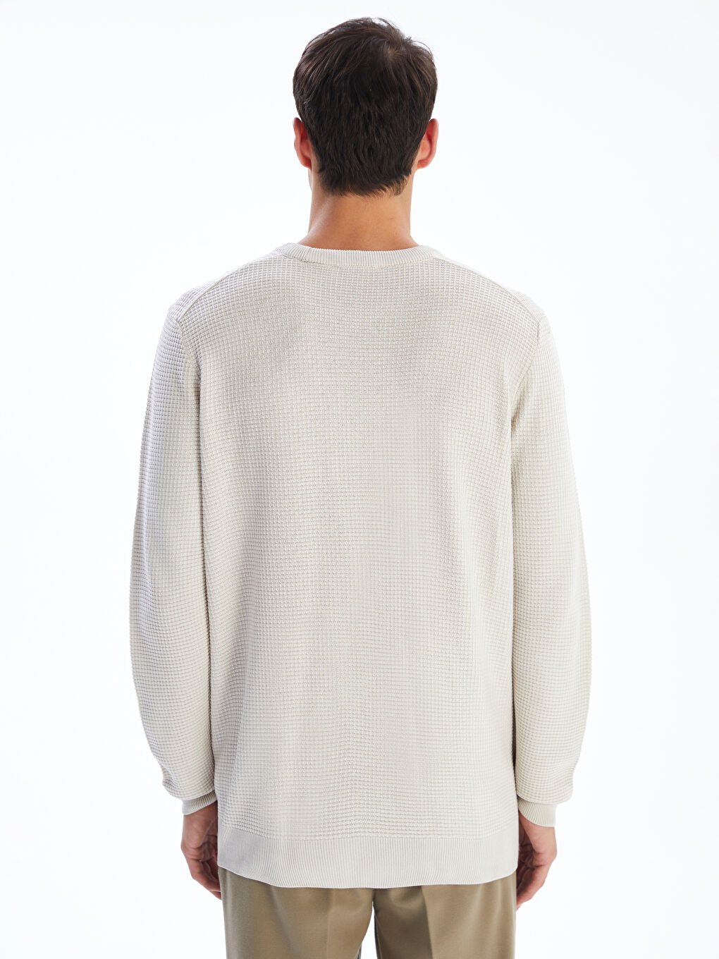 Bej Bisiklet Yaka Kareli Erkek Triko Kazak-3