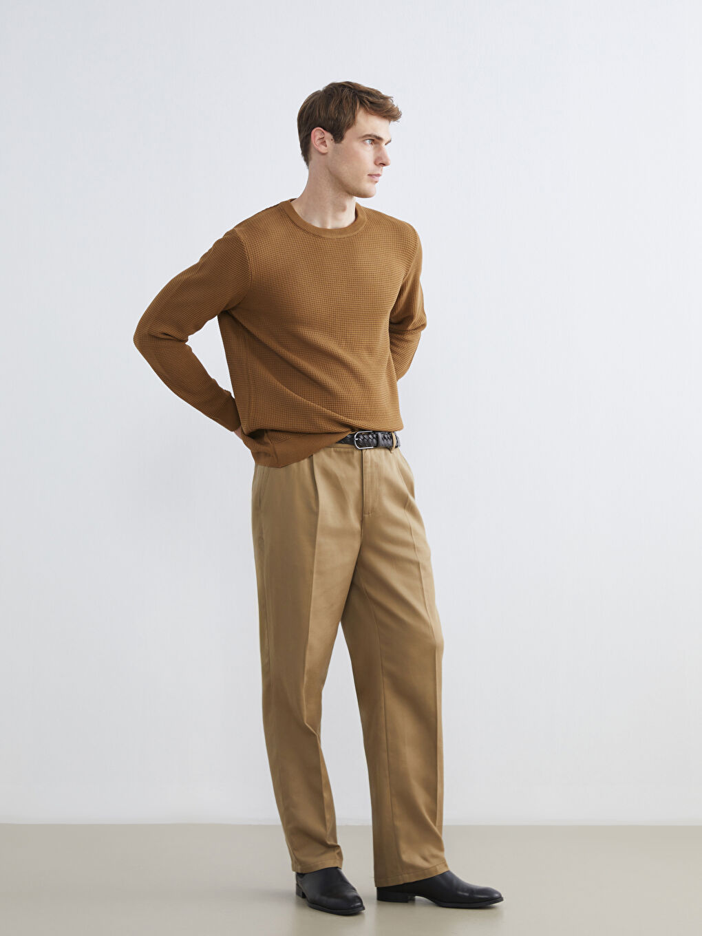 Kahverengi Bisiklet Yaka Kareli Erkek Triko Kazak-1