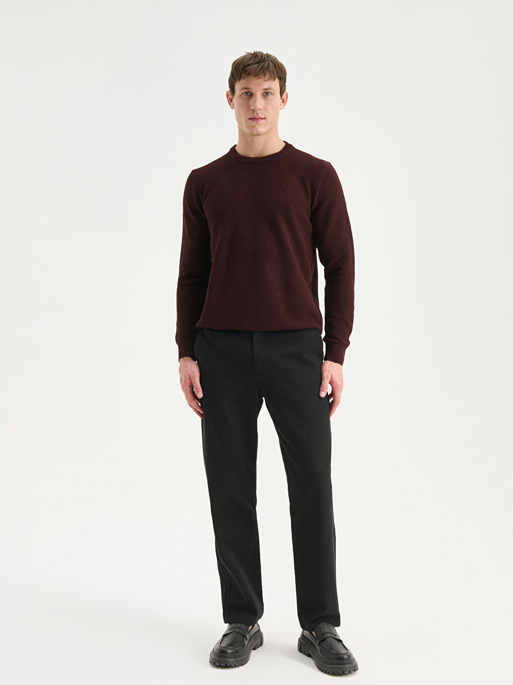 Bordo Bisiklet Yaka Kareli Erkek Triko Kazak-1