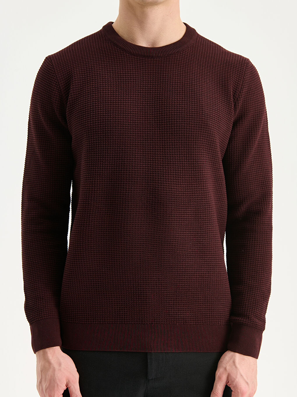 Bordo Bisiklet Yaka Kareli Erkek Triko Kazak-2