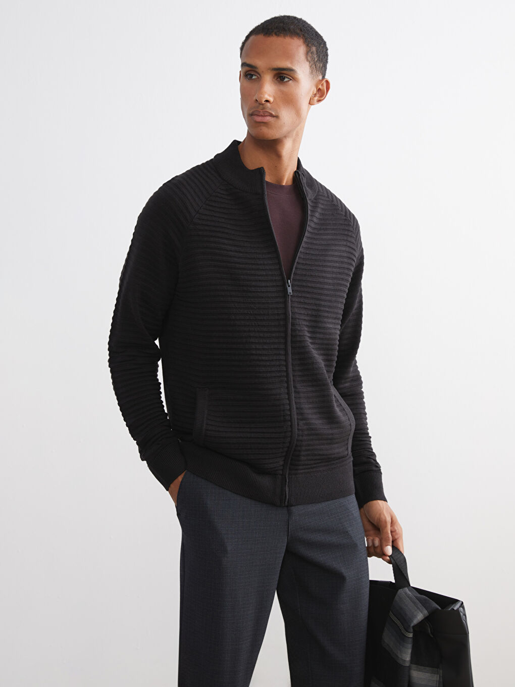 Funnel Neck Pocketed Men's Knit Cardigan-1