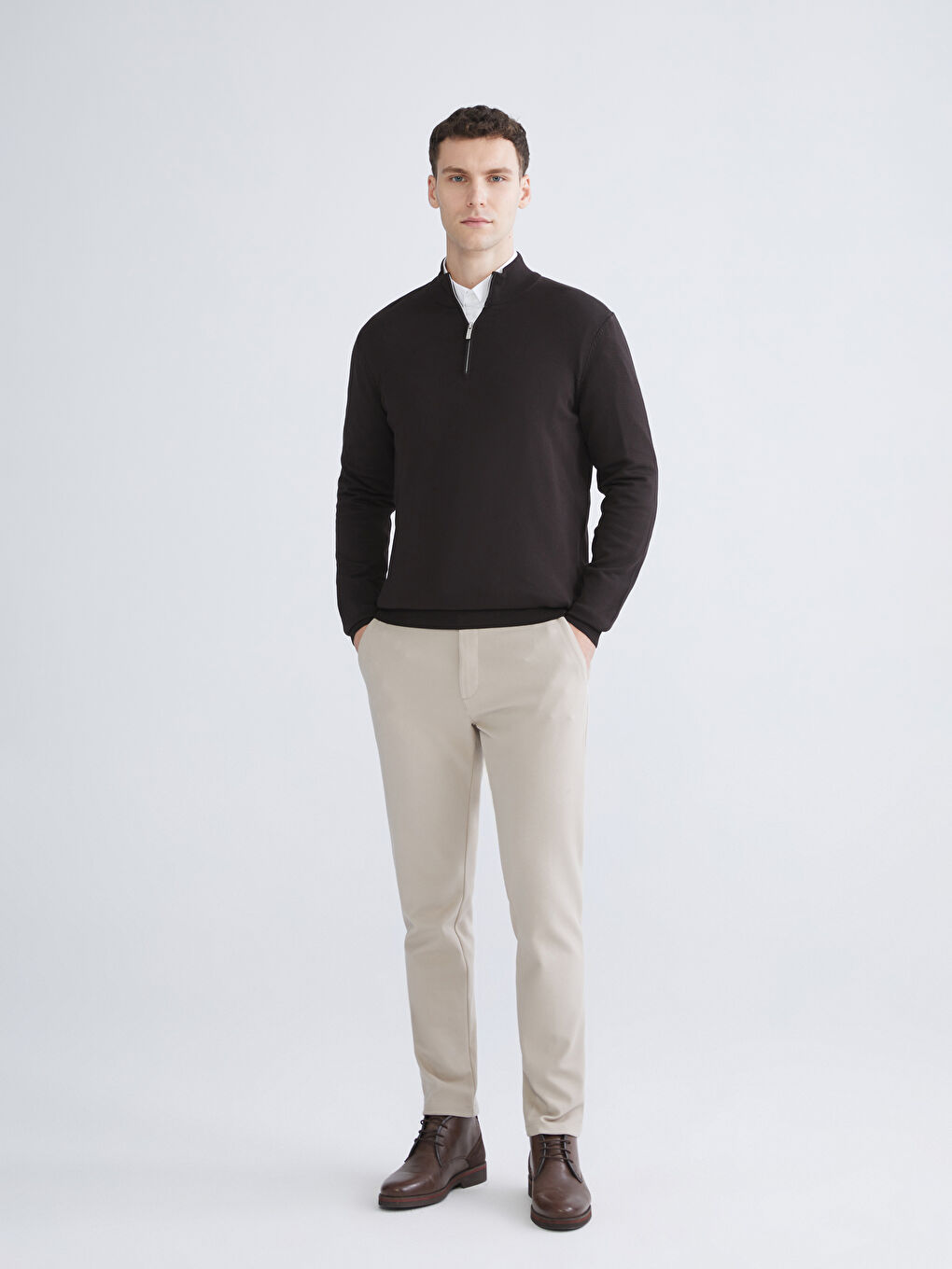 Kahverengi Dik Yaka Erkek Triko Kazak-1