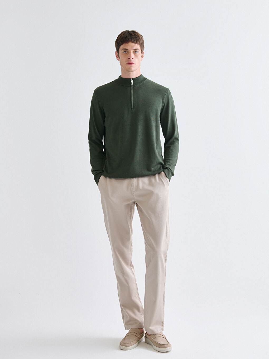 Haki Dik Yaka Erkek Triko Kazak-1