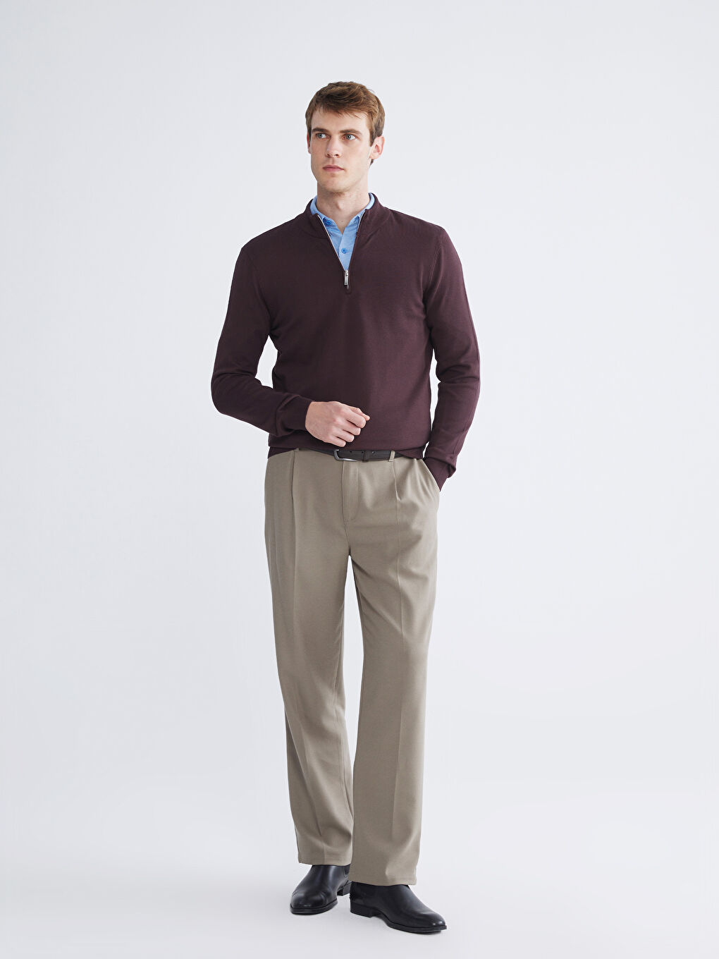 Mürdüm Dik Yaka Erkek Triko Kazak-1