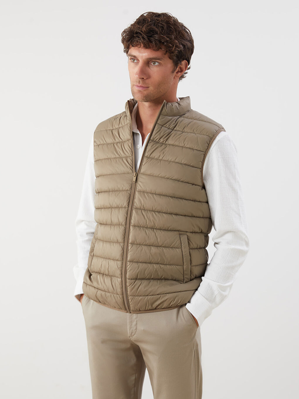 Kahverengi Standart Kalıp Dik Yaka Erkek Şişme Yelek