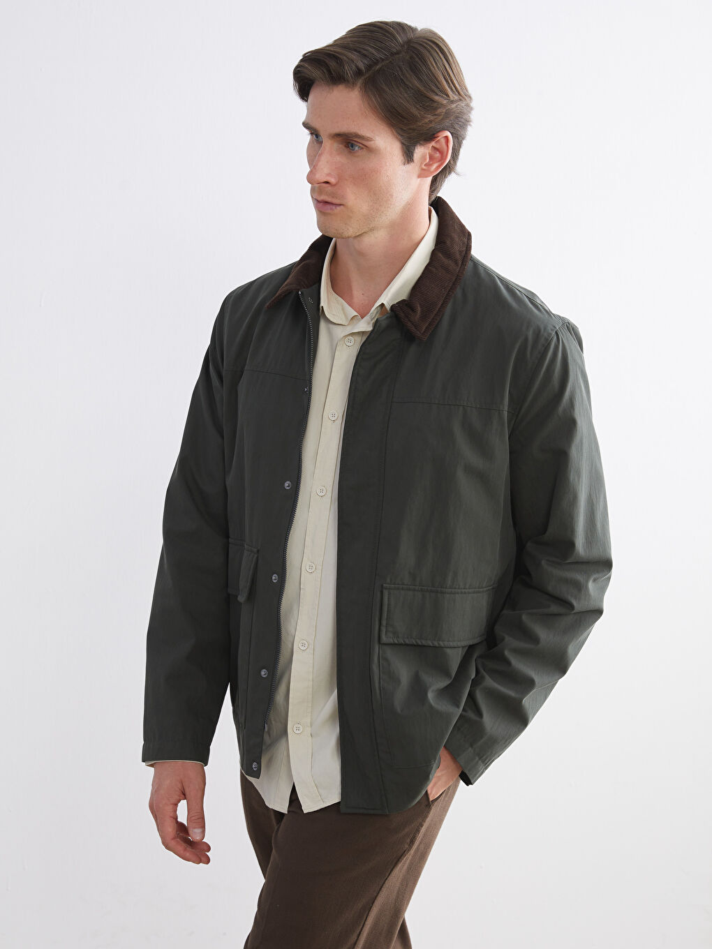 Haki Standart Kalıp Kadife Yaka Erkek Mont-2