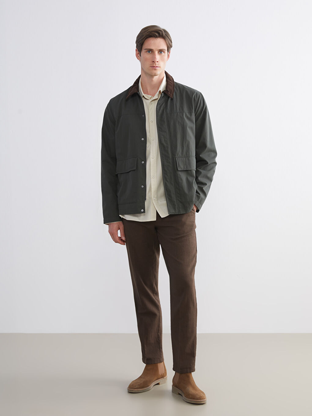 Haki Standart Kalıp Kadife Yaka Erkek Mont-3