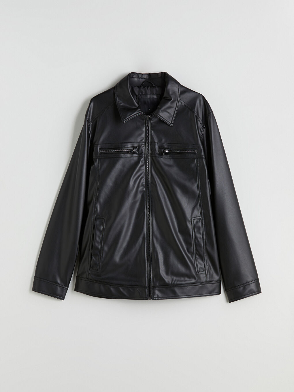 Siyah Gömlek Yaka Erkek Deri Görünümlü Ceket-5