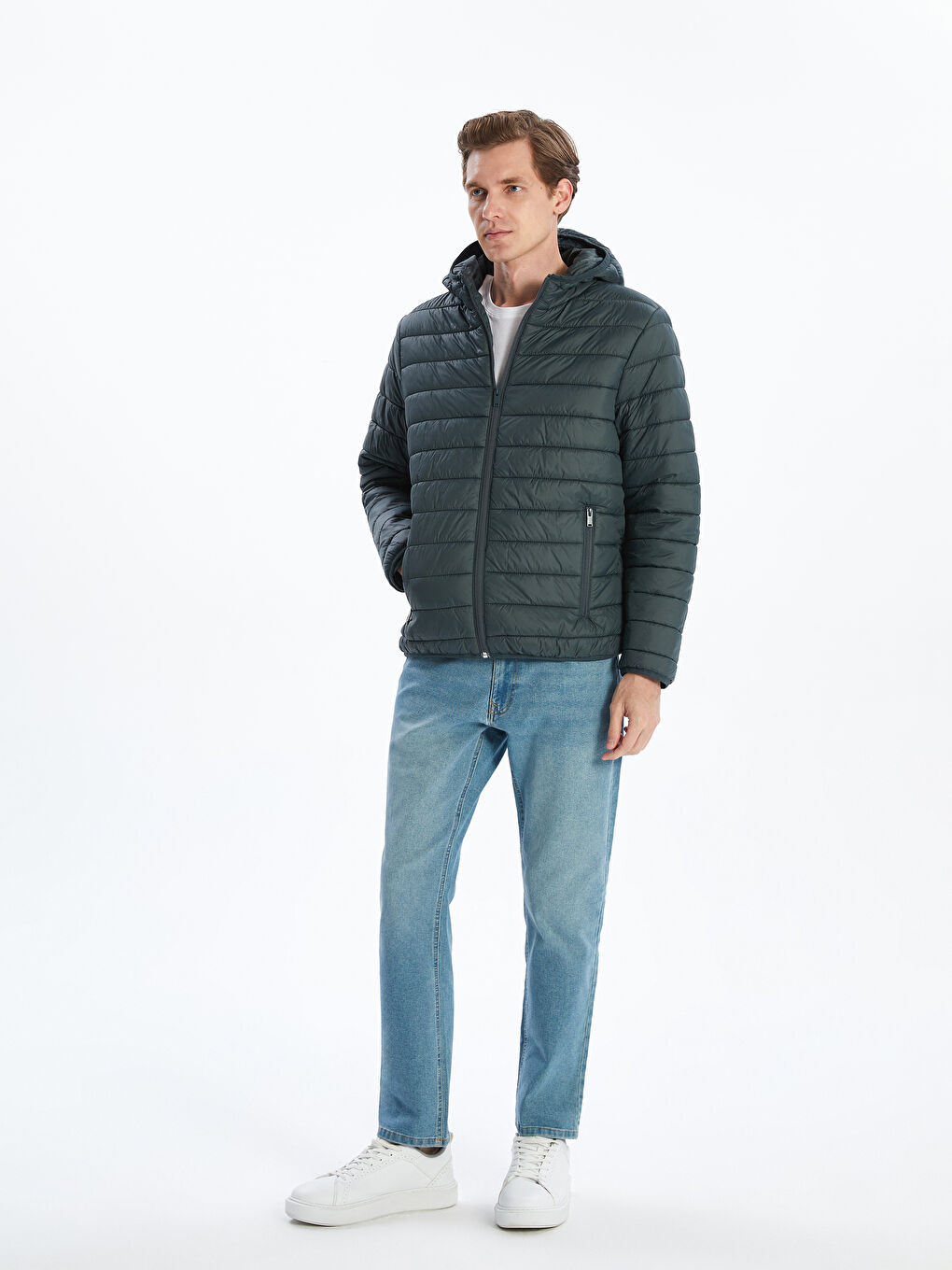 Yeşil Standart Kalıp Kapüşonlu Erkek Şişme Mont-1