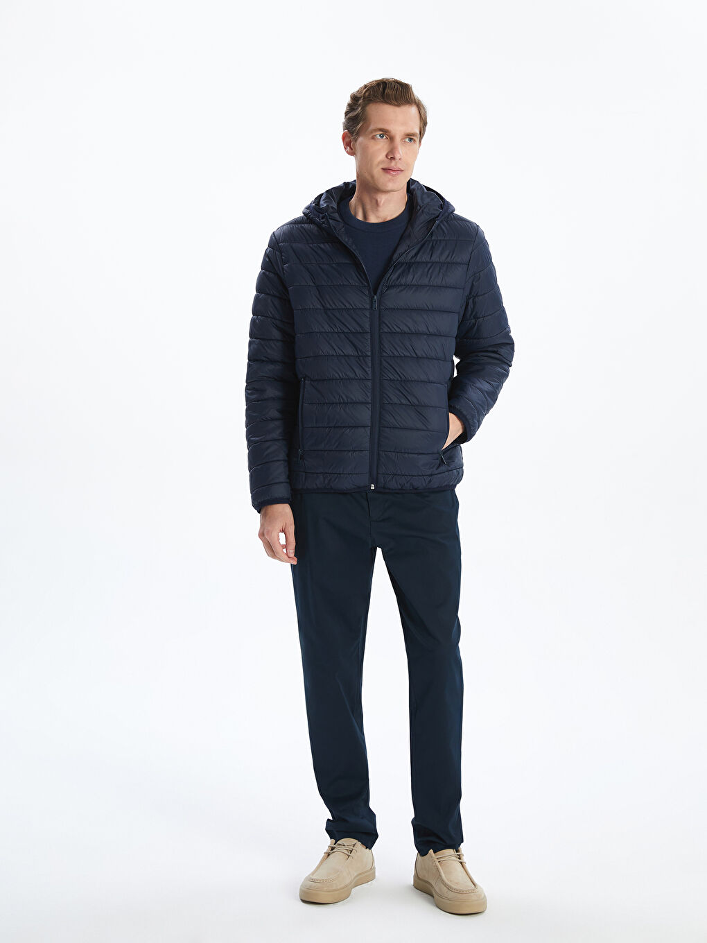 Lacivert Standart Kalıp Kapüşonlu Erkek Şişme Mont-1